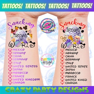 May include: Two temporary tattoo designs featuring a purple and white globe with the text "Snacking Around the World" and a list of countries including Mexico, Norway, China, Germany, Italy, United States, Japan, Morocco, France, United Kingdom, and Canada. The tattoos are designed for a Disney theme park.
