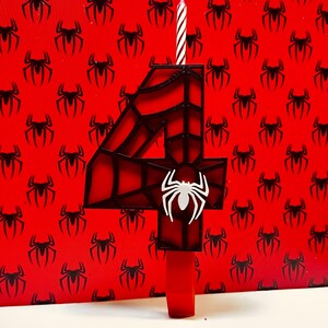 May include: A red and black number four candle with a spider web design and a white spider in the centre. The candle is on a red background with a pattern of black spiders.