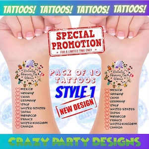 Pack of 10 Tattoos, Drinking Around the world Tattoo, Food & Wine Festival, Epcot World Showcase, Drink around the world passport, Disney