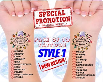 Pack of 10 Tattoos, Drinking Around the world Tattoo, Food & Wine Festival, Epcot World Showcase, Drink around the world passport, Disney