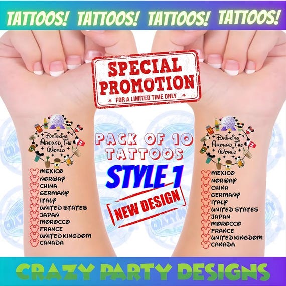 Pack of 10 Tattoos, Drinking Around the world Tattoo, Food & Wine Festival, Epcot World Showcase, Drink around the world pasaporte, Disney