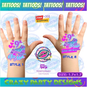 May include: Two temporary tattoo designs featuring a roller skate with glitter and hearts. The first design says "Alyssa" and "Lets Roll" and the second design says "Alyssa" and "Happy Birthday". Both designs are in pink, purple, and blue colours. The tattoos are 1.7 inches by 1.7 inches.