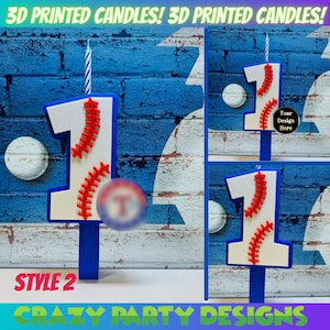 Puede incluir: Una vela de béisbol impresa en 3D en forma del número uno. La vela es blanca con costuras rojas y una base azul. El texto "Your Design Here" es visible en la vela.