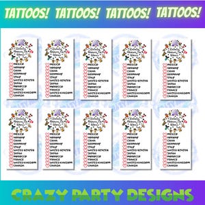 May include: A collection of temporary tattoos featuring a design with the text "Around The World" and a list of countries. The tattoos are white with colorful illustrations and text. The words "TATTOOS!" and "CRAZY PARTY DESIGNS" are also visible.