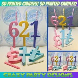 Puede incluir: Un conjunto de velas impresas en 3D con forma de los números 6, 2 y 1. Las velas son de color rosa, amarillo y morado. Las velas están sobre una superficie blanca. El texto "CRAZY PARTY DESIGNS" está en la parte inferior de la imagen.