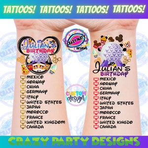 May include: Temporary tattoos with a vibrant design, including the text "Julian's Birthday" and a list of countries. The tattoos incorporate food imagery and iconic symbols. The words "Crazy Party Designs" are also displayed.
