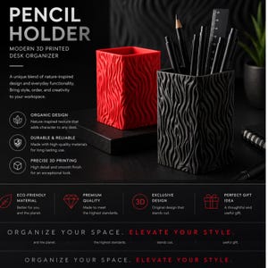 Modern 3D Printed Pencil Holder – Organic Desk Organizer – Black & Red Minimalist Pen Holder – Unique Office Decor Gift