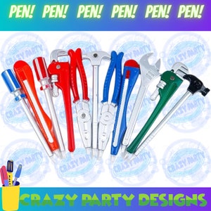 Puede incluir: Una colección de bolígrafos con forma de herramientas, incluyendo destornilladores, alicates, un martillo y una llave inglesa. Los bolígrafos son de varios colores, como rojo, azul y plateado. La imagen incluye el texto "PEN!" repetido y "CRAZY PARTY DESIGNS".