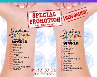 Pack of 10 Tattoos, Drinking Around the world Tattoo, Food & Wine Festival, Epcot World Showcase, Drink around the world passport, Disney