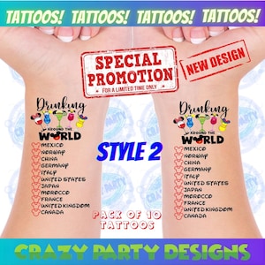 May include: Temporary tattoos featuring a "Drinking Around the World" design, with country names listed below colorful drink illustrations. Includes a "Special Promotion" and "New Design" stamp. Pack of 10.