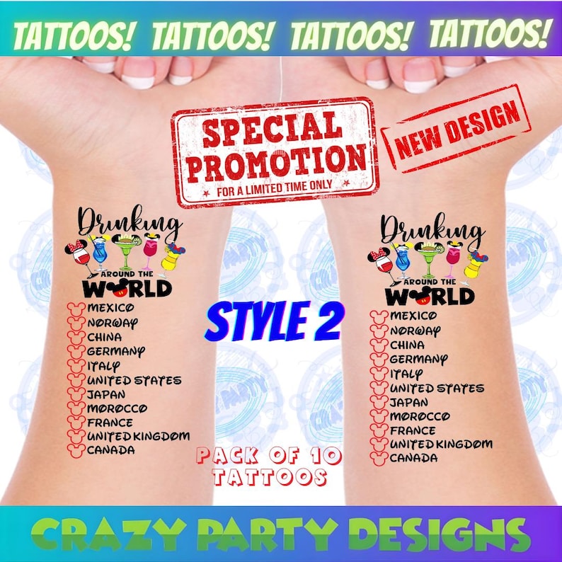 May include: Temporary tattoos featuring a "Drinking Around the World" design, with country names listed below colorful drink illustrations. Includes a "Special Promotion" and "New Design" stamp. Pack of 10.