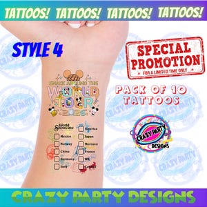 May include: Pack of 10 temporary tattoos featuring a colorful design with the text "Snack Around the World Tour 2026". The tattoos include Mickey and Minnie Mouse characters and country check boxes. The words "Crazy Party Designs" are also visible.