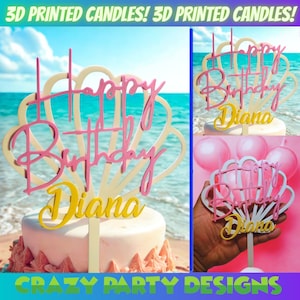 Puede incluir: Un adorno para tarta impreso en 3D con las palabras "Happy Birthday Diana" en rosa y amarillo. El adorno está colocado sobre un diseño de concha blanca. La imagen también muestra una tarta y globos.