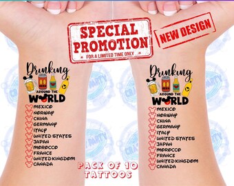 Pack of 10 Tattoos, Drinking Around the world Tattoo, Food & Wine Festival, Epcot World Showcase, Drink around the world passport, Disney