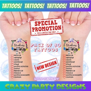 Puede incluir: Un paquete de 10 tatuajes temporales con una ilustración de dibujos animados de una cabeza de Mickey Mouse con el texto "Drinking Around the World" y una lista de países. Los tatuajes forman parte de una promoción especial por tiempo limitado.