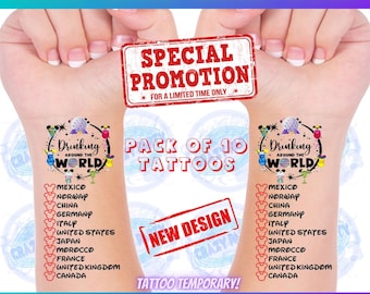 Pack of 10 Tattoos, Drinking Around the world Tattoo, Food & Wine Festival, Epcot World Showcase, Drink around the world passport, Disney