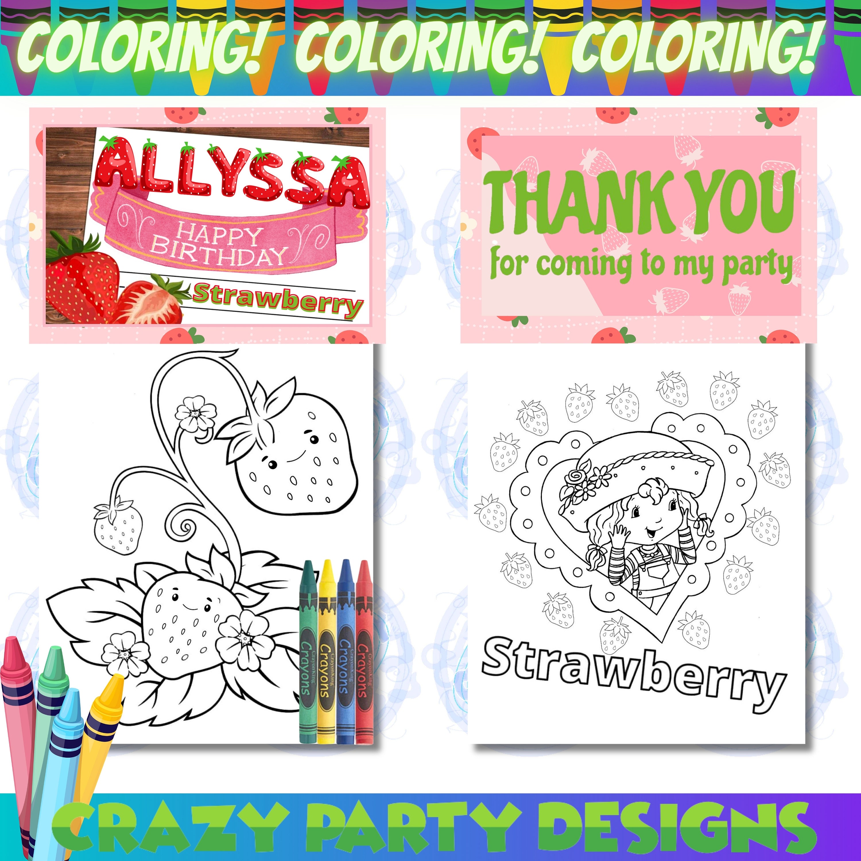 Strawberry Coloring Pages and Crayons, Strawberry Party Favors, Strawberry Theme Party, Strawberry Party Supplies, Strawberry Coloring Book