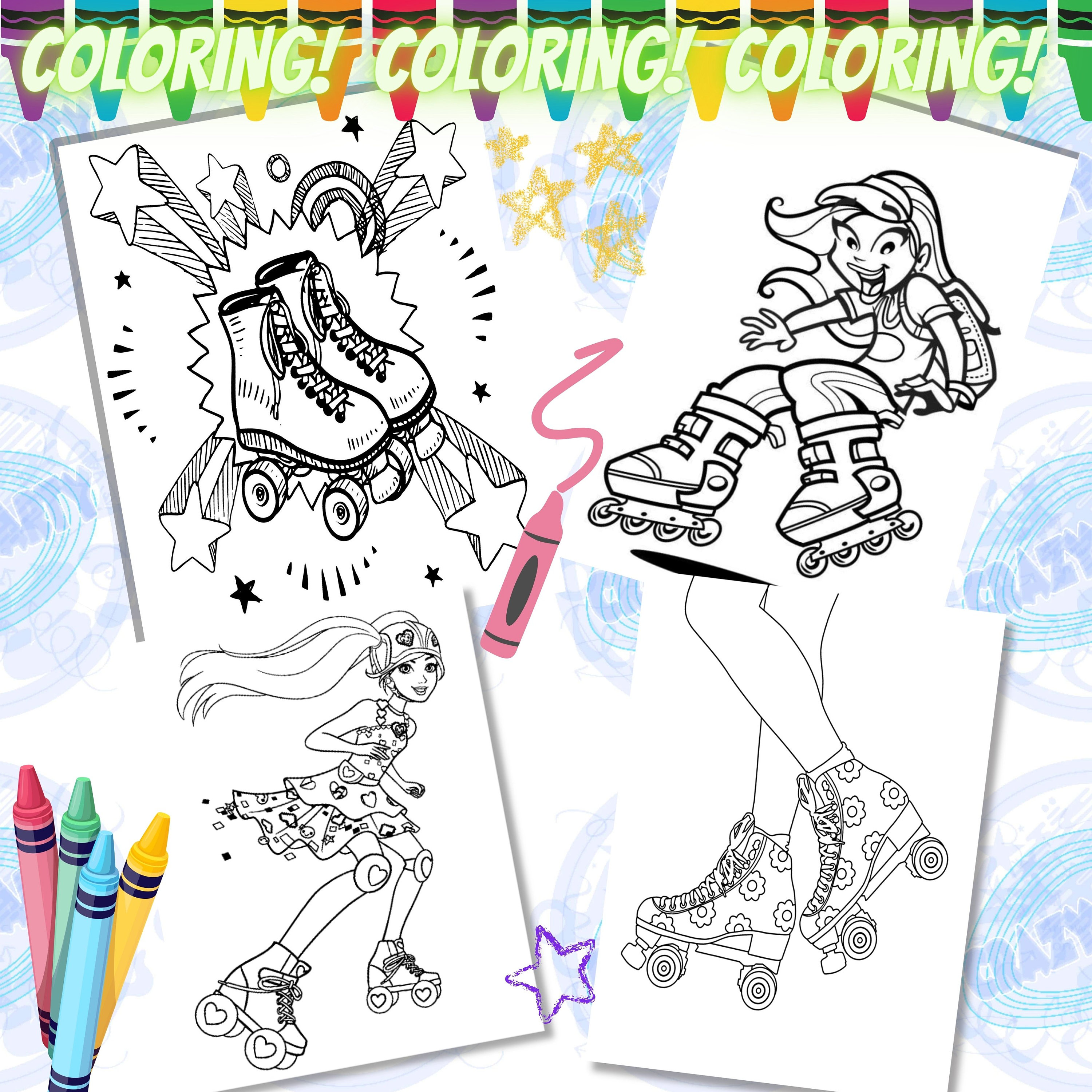 Roller Skate Mini Coloring Pages and Crayons Roller Skate Etsy