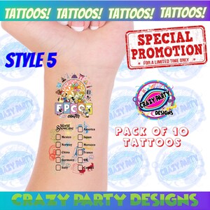 May include: Temporary tattoo pack featuring an EPCOT Center design with Mickey Mouse and friends, plus country check boxes. The image includes the text "STYLE 5", "PACK OF 10 TATTOOS", and "SPECIAL PROMOTION".