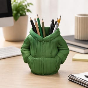 May include: A green desk organizer shaped like a hooded jacket, holding pencils and pens. The organizer has a zipper detail and pockets. The pencils and pens are various colors, including black, green, and yellow. The organizer is on a wooden desk.