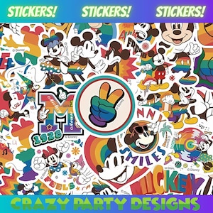 Puede incluir: Un collage de pegatinas coloridas con los personajes de Mickey Mouse y Minnie Mouse. Las pegatinas incluyen varios diseños, como Mickey Mouse con gafas de sol, y el texto "STICKERS!" y "CRAZY PARTY DESIGNS".