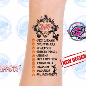 May include: A temporary tattoo featuring a black and red Halloween Horror Nights 35 logo with skulls and a list of attractions including Ozzy Osbourne, Evil Dead Burn, Hellraiser, Stranger Things 5, Sinners, Jack & Oddfellow, Cybergoria, Invasion, Madlands, and H.R. Bloodengutz.