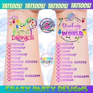 Drinking Around the world Tattoo, Food & Wine Festival, Epcot World Showcase, Drinking around the world passport, Disney Temporary Tattoo