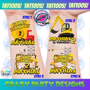 Construction Temporary Tattoos, Construction Birthday Party tattoos, Custom tattoo, Kids Birthday, Construction Tattoos, excavator birthday