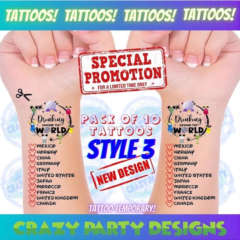 May include: A pack of 10 temporary tattoos, style 3, featuring a "Drinking Around the World" design. The tattoos include country names like Mexico, Japan, and the United States. The image also includes the text "Special Promotion" and "New Design".