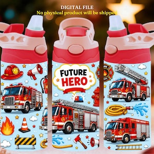 May include: A digital file for a water bottle featuring a light blue background with red fire engines, firefighter helmets, megaphones, fire hydrants, and flames. The text reads "DIGITAL FILE No physical product will be shipped" and "FUTURE HERO".