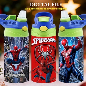 Peut inclure: Trois gourdes avec des accents bleus, verts et jaunes. Chaque gourde présente un design Spider-Man différent. Une gourde porte le mot "Avengers". Les gourdes ont un couvercle rabattable et une poignée. Le texte "DIGITAL FILE" et "No physical product will be shipped" est en haut.
