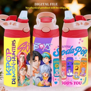 May include: Three colorful water bottles with red lids and handles. Each bottle features a unique design with anime-style characters and text. The bottles have the phrases "KPOP DEMON HUNTERS", "GIRL BOYS", and "LITTLE Soda Pop".