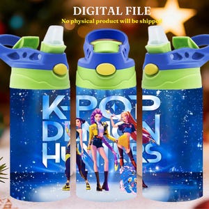 May include: Three water bottles with blue, green, and yellow accents. The bottles feature a design with the text "K-POP DEMON HUNTERS" and illustrations of three animated characters on a starry blue background. The bottles have a flip-top lid.