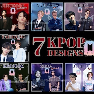 Op de afbeelding: Zeven kleurrijke digitale ontwerpen met de leden van de K-pop groep BTS. Elk ontwerp heeft de naam van een ander lid en een gestileerde afbeelding van hen met vleugels. De ontwerpen zijn gelabeld met "7 KPOP DESIGNS" en "BTS".