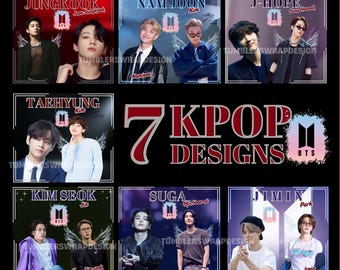 May include: Seven colorful digital designs featuring the members of the K-pop group BTS. Each design features a different member's name and a stylized image of them with wings. The designs are labeled "7 KPOP DESIGNS" and "BTS".
