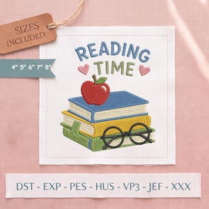 May include: An embroidery design featuring a stack of three books in blue, yellow, and green, topped with a red apple and black glasses. The text reads READING TIME with two pink hearts. Includes sizes 4", 5", 6", 7", 8" and file formats DST, EXP, PES, HUS, VP3, JEF, XXX.