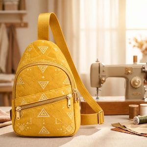 Puede incluir: Bandolera de color amarillo mostaza con un patrón geométrico de triángulos y diamantes blancos. La bolsa tiene un compartimento principal con cremallera y un bolsillo frontal más pequeño. La correa ajustable y las cremalleras son doradas. Una máquina de coser está en el fondo.