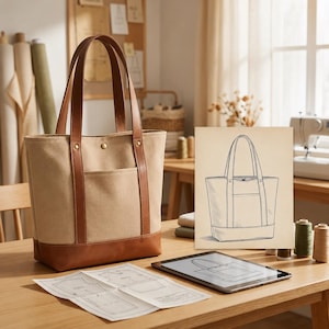 Puede incluir: Un bolso tote de lona beige con detalles en cuero marrón, incluyendo las asas y la base. El bolso tiene un bolsillo frontal y se muestra sobre una mesa de madera con un boceto y una tableta que muestra el diseño del bolso. También se ven suministros de costura.