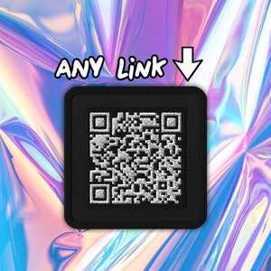 May include: Black square patch with a white QR code and the text "ANY LINK" with a downward arrow.