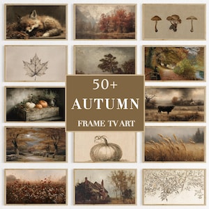 May include: A collection of digital art prints for television screens featuring autumn themes, including a sleeping fox, landscapes, mushrooms, pumpkins, and foliage. The central text overlay reads 50+ AUTUMN FRAME TV ART in white letters.