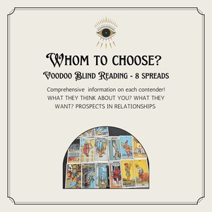 Puede incluir: Un servicio de lectura de tarot que ofrece 8 tiradas para ayudarte a elegir entre posibles parejas. La imagen presenta un ojo estilizado con un marco dorado y un despliegue de cartas de tarot.