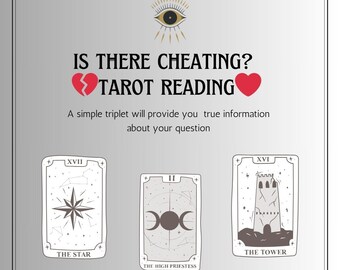 May include: Tarot card reading spread with three cards: The Star, The High Priestess, and The Tower. The cards are arranged in a row with the question "Is there cheating?" above them. A broken heart and a whole heart are on either side of the question.