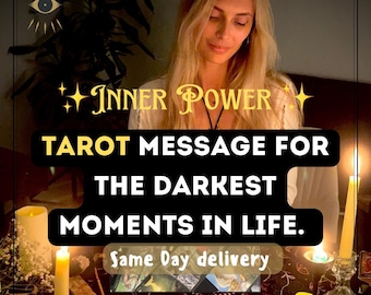May include: A woman sits at a table with lit candles and tarot cards spread out in front of her. The text on the image reads "INNER POWER. TAROT MESSAGE FOR THE DARKEST MOMENTS IN LIFE. Same Day delivery."