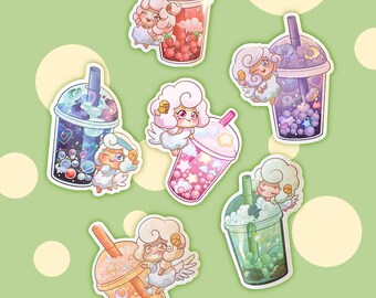 Kawaii Holographic Bubble Tea Stickers, Cute Sheep Character Stickers, Planner & Scrapbook Decor, Journal Stickers, Kawaii Stationery