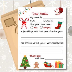 Brief an Santa zum Ausdrucken, Weihnachtswunschliste Vorlage, lustige Urlaubsaktivität für Kinder, sofortiger digitaler Download