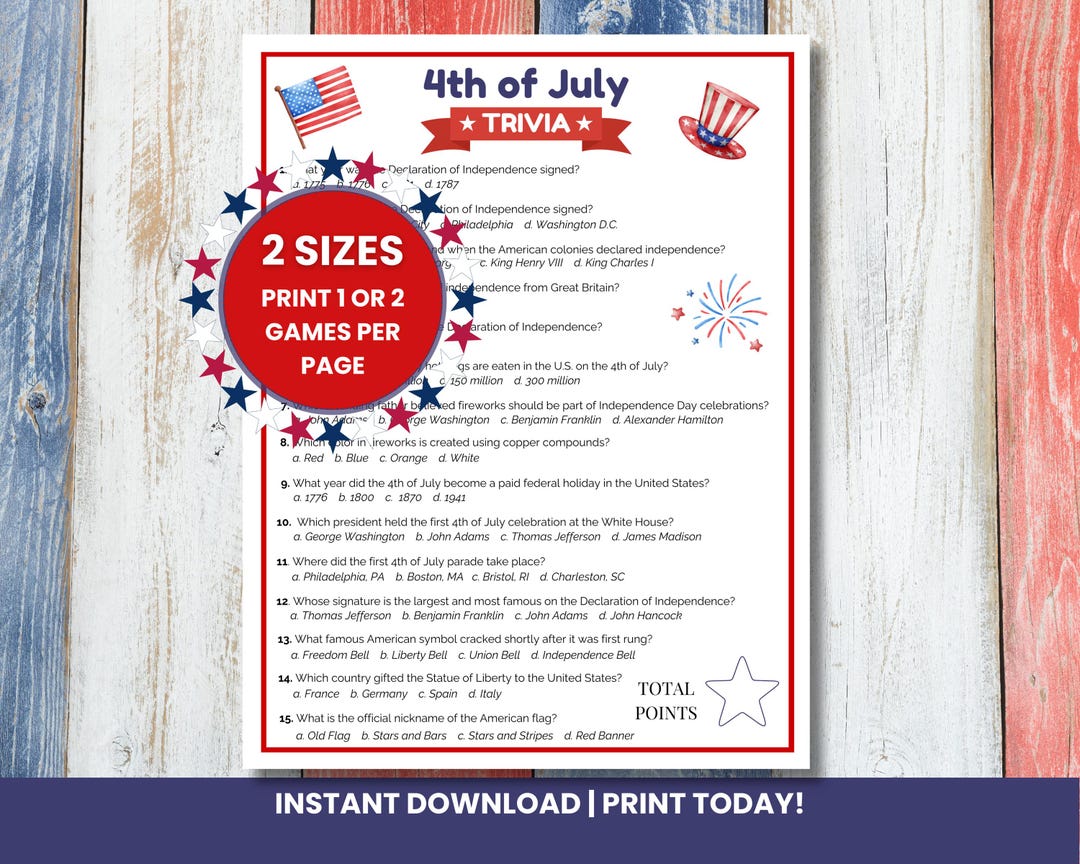 4th of July Trivia Game Printable | USA Trivia | Patriotic Party Game ...