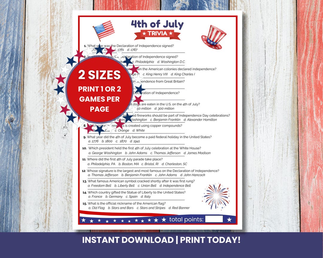 4th of July Trivia Game Printable | USA Trivia | Patriotic Party Game ...