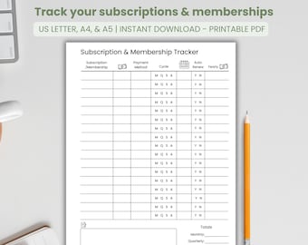 Subscription Tracker Printable | Membership Checklist| Budget Organizer | Hole-Punch Binder Friendly | Expense Tracker | Letter A4 A5 PDF