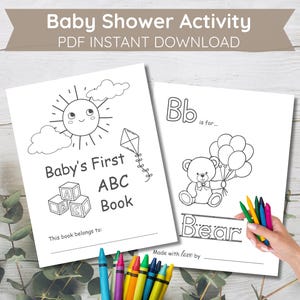 赤ちゃんのための初めてのABCブック | ベビーシャワー用塗り絵 | ベビーシャワー用塗り絵 | ベビーシャワー用ゲームアクティビティ | 印刷可能な赤ちゃん用アルファベットブック