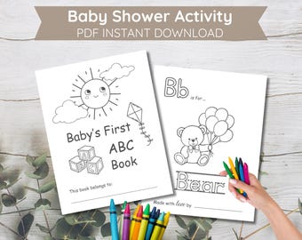 Primeiro livro de alfabeto do bebê | Livro de colorir para chá de bebê | Livro de colorir para chá de bebê | Atividade de jogo para chá de bebê | Livro do alfabeto para bebês para imprimir